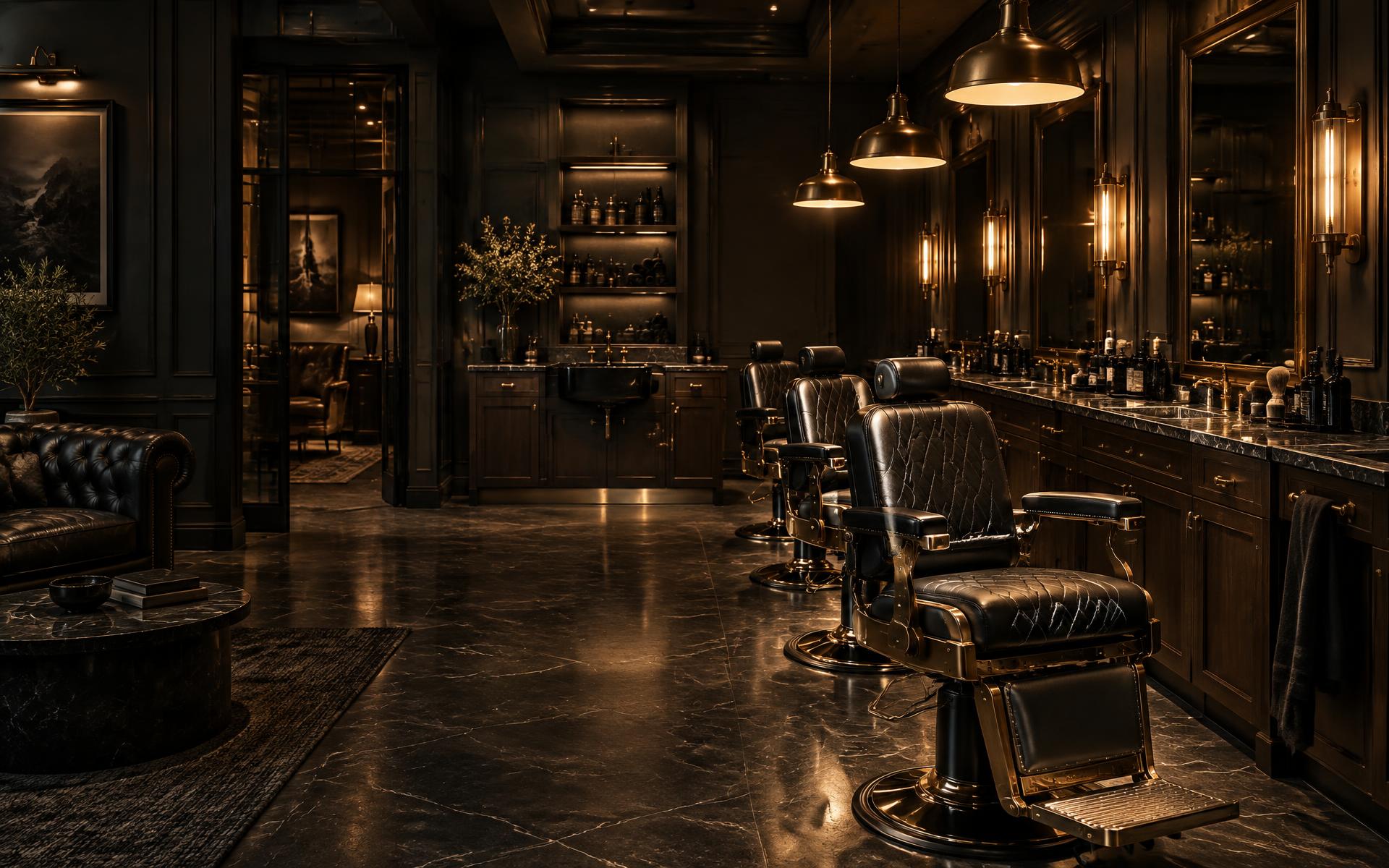 Interior sofisticado da Barbearia Prime com cadeiras de couro e iluminação quente