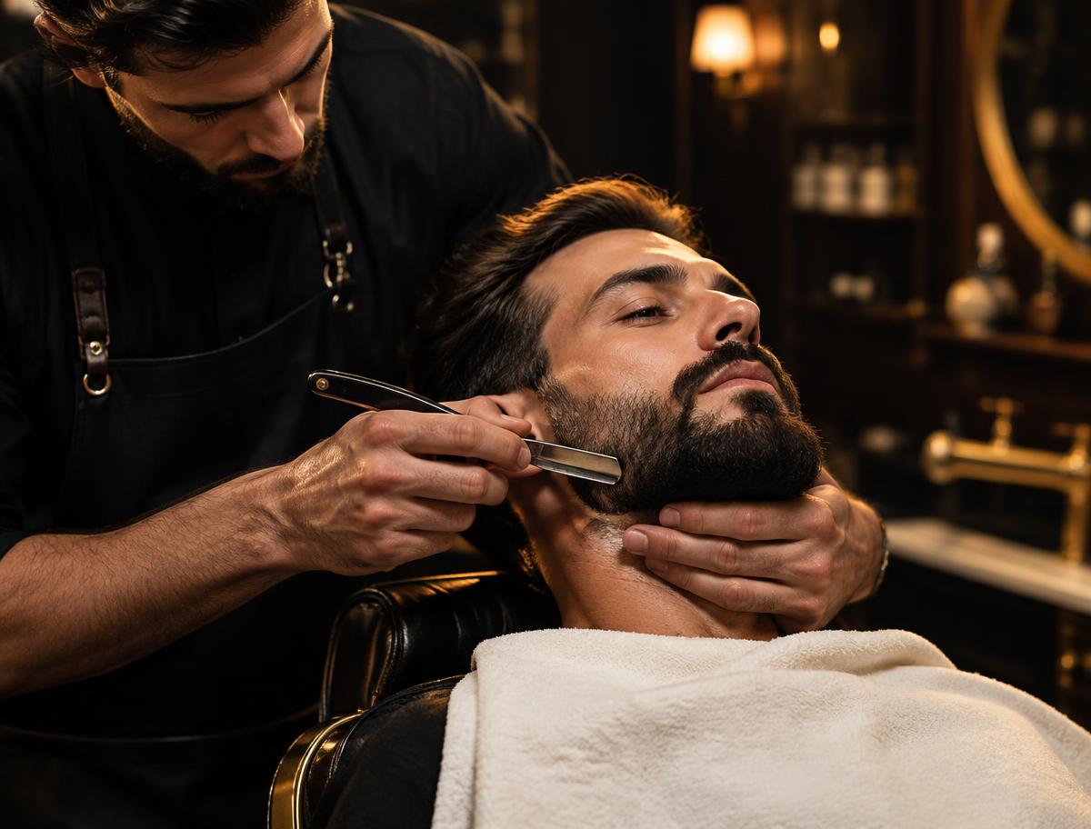Barbeiro realizando acabamento tradicional de barba